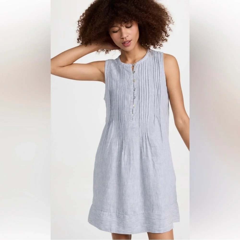 Faherty Isha Linen Dress Blue White Stripe Pintuck Sleeveless Shift Small